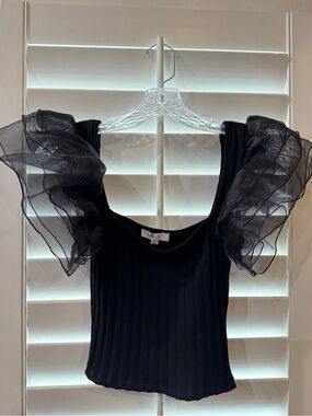 Better Be Black Ribbed Chiffon Ruffle Sleeve Boatneck Top